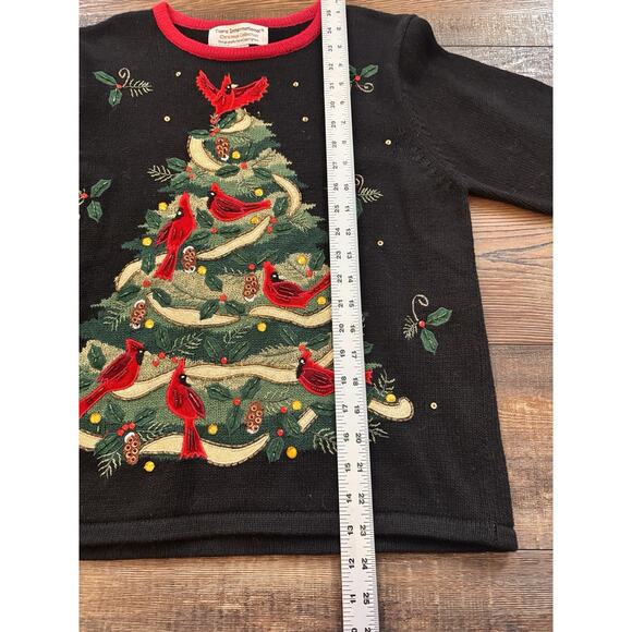Tiara International Christmas Sweater Black Red Birds Cardinal Medium Holiday - Picture 5 of 6
